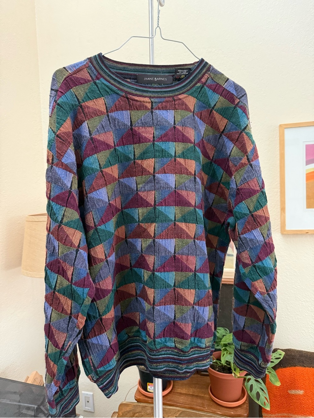 Jhane Barnes Multicolor Crewneck Sweater in Green, Blue, Purple, Brown